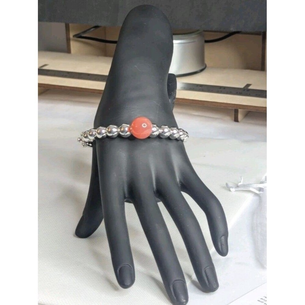 Pink Onyx Bead Sterling Silver Hinged Bangle Bracelet